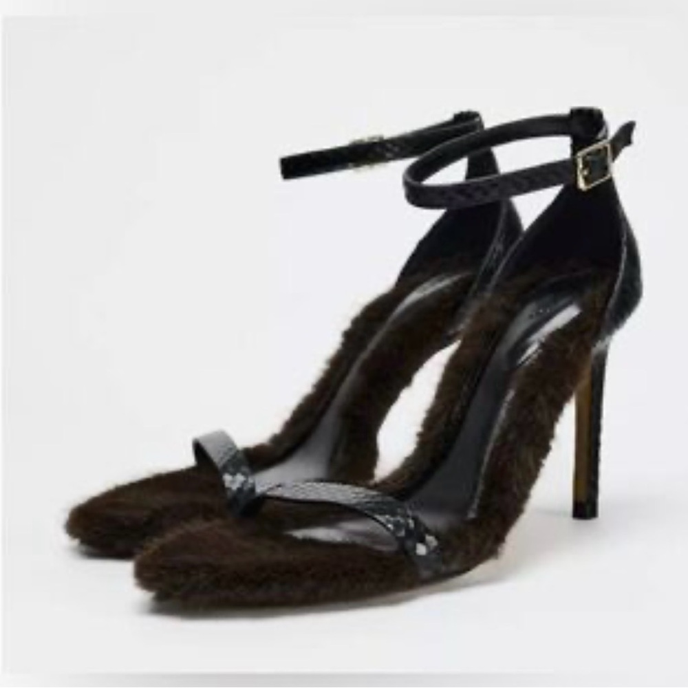 Zara Black Embossed Leather Faux Fur Sandal Heels Limited Edition